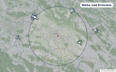 Mapa okolic miasta z sylwetkami samolotów — Niebo nad Krosnem na żywo