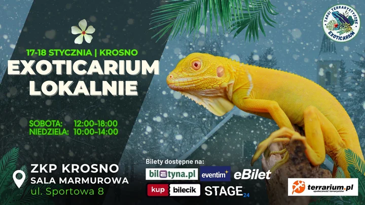 Grafika promocyjna wydarzenia Exoticarium Lokalnie Krosno — targi terrarystyczne, 17–18 stycznia