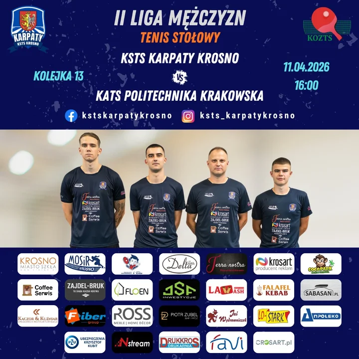 Grafika promocyjna wydarzenia II LM: Karpaty Krosno – KATS Politechnika Krakowska. Mecz na szczycie w Krośnie