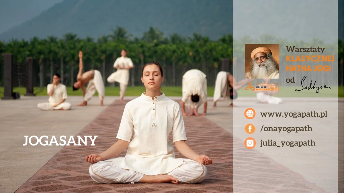 Grafika promocyjna wydarzenia Jogasany w Krośnie – warsztaty klasycznej jogi od Sadhguru