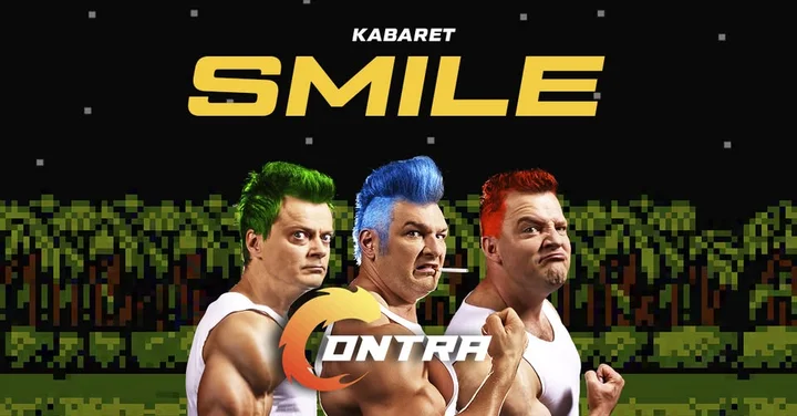 Grafika promocyjna wydarzenia Kabaret Smile „CONTRA” w Krośnie — nowe skecze o pokoleniach, mediach i codziennych absurdach