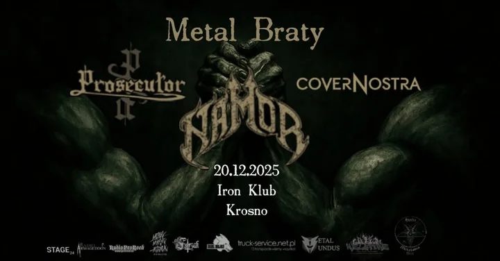 Grafika promocyjna wydarzenia METAL BRATY w Rock Klub Iron Krosno — trzy kapele, jedna noc ciężkiego grania (20 grudnia 2025)