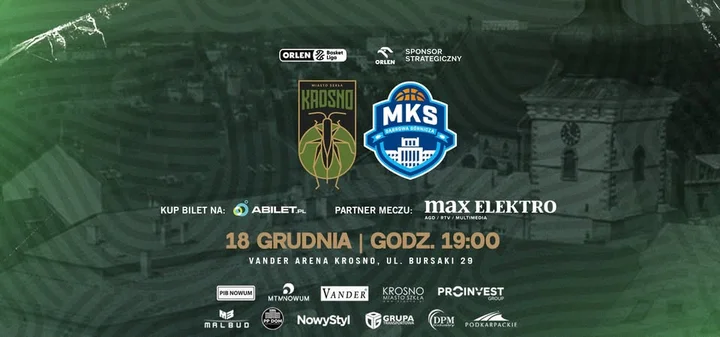 Grafika promocyjna wydarzenia Miasto Szkła Krosno vs MKS Dąbrowa Górnicza — mecz koszykówki w Vander Arena