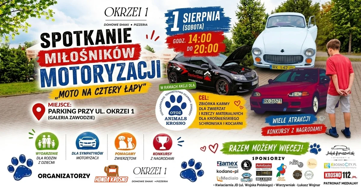 Grafika promocyjna wydarzenia Moto Na Cztery Łapy dla krośnieńskich zwierzaków – motoryzacyjne spotkanie
