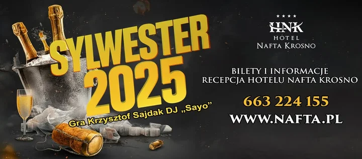 Grafika promocyjna wydarzenia Sylwester 2025 w Hotelu Nafta Krosno