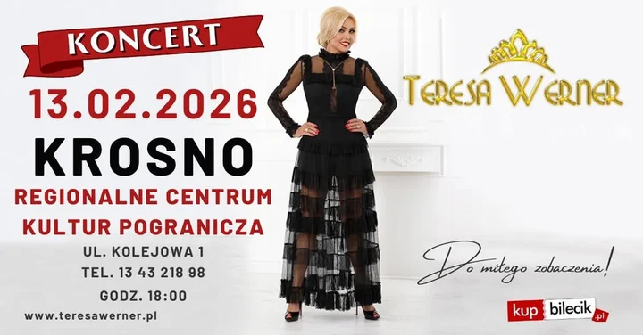 Grafika promocyjna wydarzenia TERESA WERNER w Krośnie — koncert 13 lutego 2026