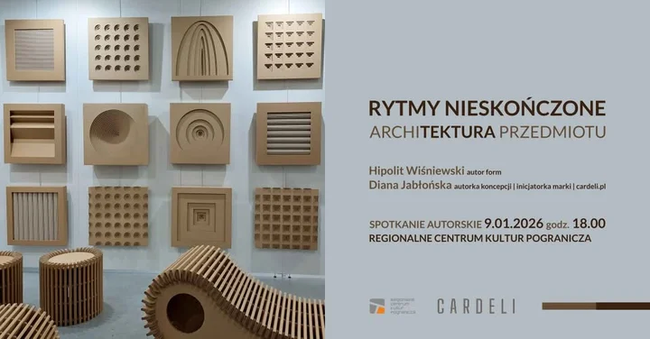 Grafika promocyjna wydarzenia Rytmy nieskończone. Architektura przedmiotu — wystawa w RCKP Krosno