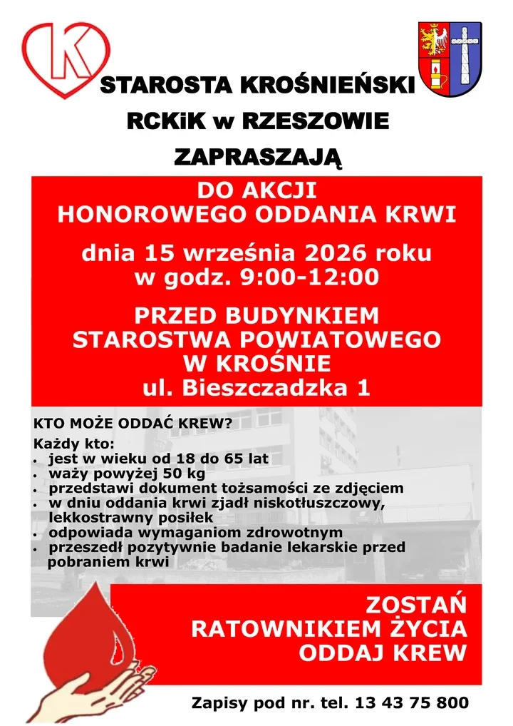 W Krośnie będzie można oddać krew. Zbiórka przed starostwem